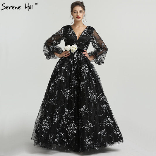 Vestido de noche formal de tul con escote en V y manga larga, sin devoluciones ni reembolsos, LA6287