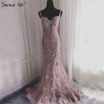 Sale Pink Sexy Elegant Evening Dresses 2025 Lace Pears Diamond Mermaid Formal Evening Dress Real Photo LA6355