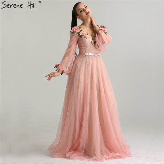 Vestido de noche de princesa, sexy, a la moda, con mangas abullonadas, color rosa melocotón, con purpurina, perlas y flores, corte en A, estilo LA6342