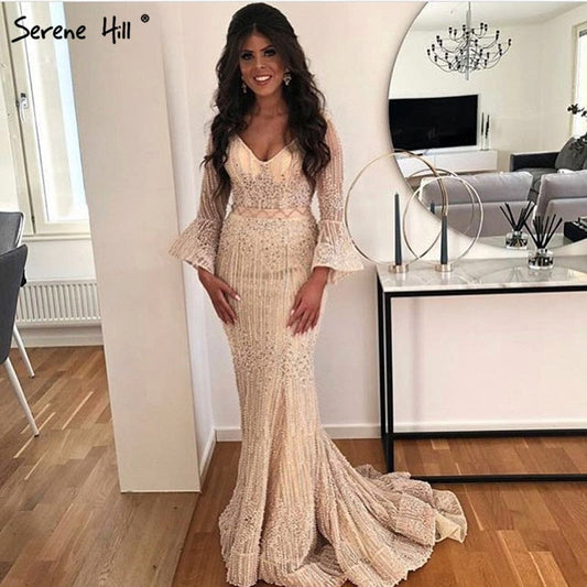En oferta, sin devolución ni reembolso. Vestidos de noche de lujo a la moda con escote en V, sirena, perlas y cristales. Vestidos de noche sexys 2025 LA6489.