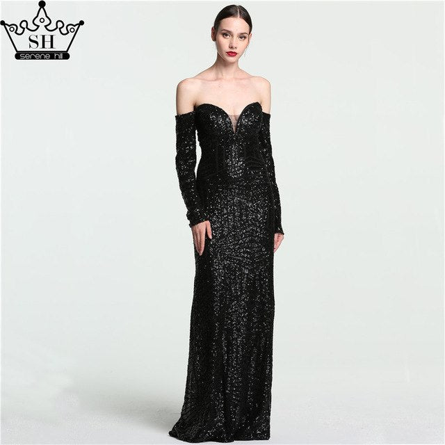 Im Angebot, keine Rückgabe, keine Rückerstattung. Verkauf Vintage Off Shoulder Langarm Abendkleider Perlen Pailletten Meerjungfrau LA6128