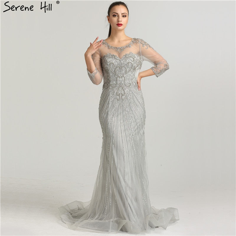 Vestido de noche de tul con lentejuelas y cuentas, transparente, de manga larga, corte sirena, LA6395