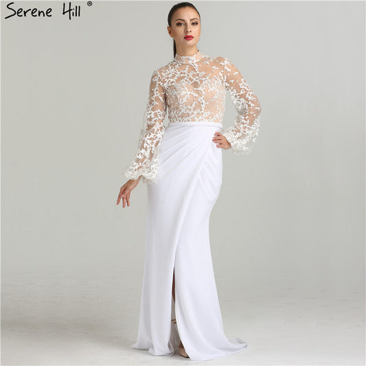 White Long Sleeves Evening Dresses Fashion Illusion Mermaid LA6303