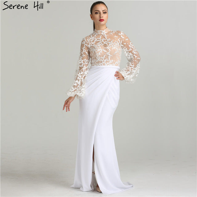 White Long Sleeves Evening Dresses Fashion Illusion Mermaid LA6303