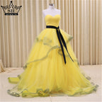 Puffy Tüll Brautkleid Rüschen Ballkleid Perlen Gelb Bungundy Gericht Zug Brautkleider