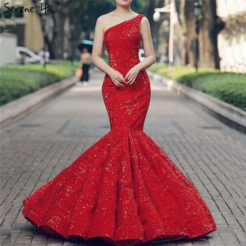 Vestido de novia rojo de un solo hombro con lentejuelas y encaje de sirena
