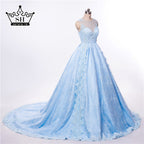 Luxury Light Blue Top Quality Pearls See Through Wedding Dress  Bridal Gowns LA6494