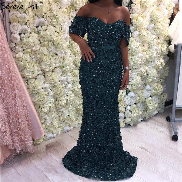 En oferta, sin devolución ni reembolso. Vestidos de noche sexis de sirena sin tirantes, mangas cortas, bordados con perlas, LA6519.