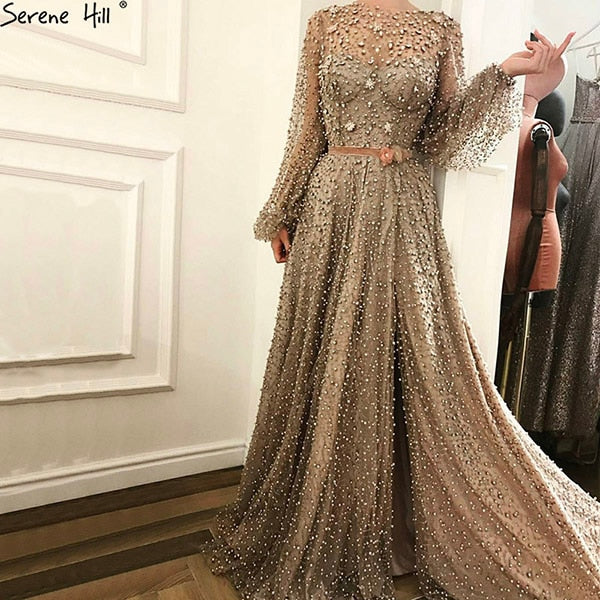 En oferta, sin devolución ni reembolso. Oferta 2025. Vestido árabe de lujo con perlas y diamantes brillantes. Vestidos de noche de manga larga. Vestidos de noche sexys de moda LA6535.