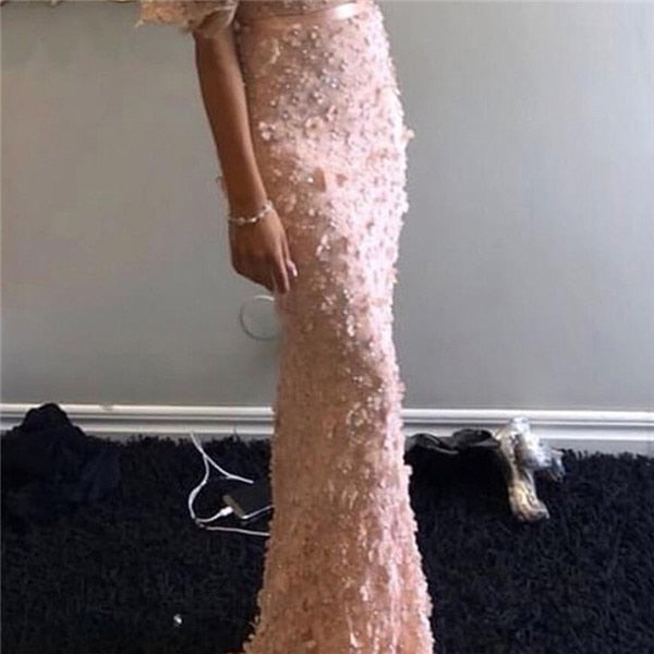 En oferta, sin devolución ni reembolso. Oferta. Vestidos de noche de lujo con mangas cortas y corte sirena sexy, flores, encaje y perlas. Vestidos de noche elegantes de moda 2025 LA6311.