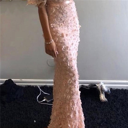 On Sale No Return No Refund Sale Sexy Mermaid Short Sleeves Luxury Evening Dresses Flowers Lace  Pearls Fashion Elegant Evening Gowns 2025 LA6311