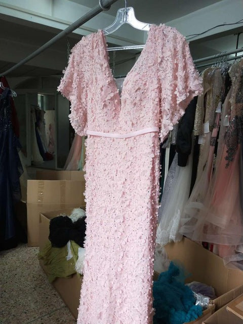 En oferta, sin devolución ni reembolso. Oferta. Vestidos de noche de lujo con mangas cortas y corte sirena sexy, flores, encaje y perlas. Vestidos de noche elegantes de moda 2025 LA6311.