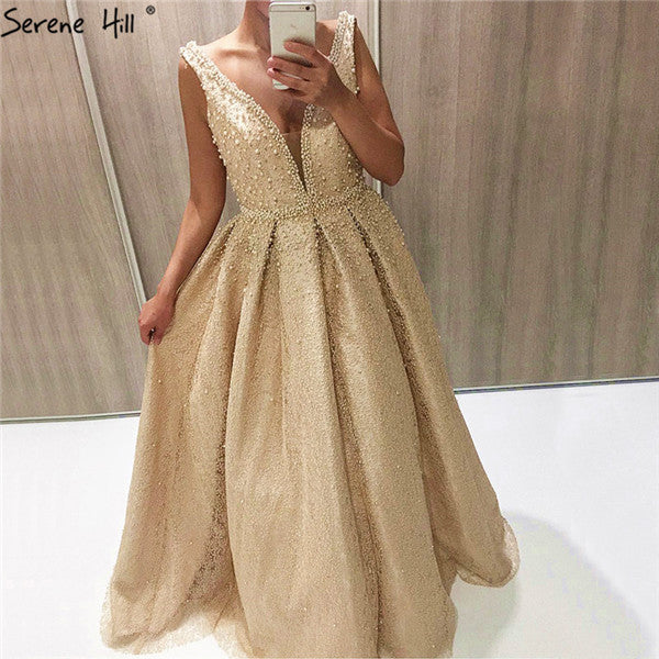 En oferta, sin devoluciones ni reembolsos. Oferta. Vestido de noche largo sexy con escote en V profundo y perlas de cristal LA6173.