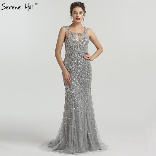 En oferta, sin devolución ni reembolso.Vestido de noche gris de lujo sin mangas, sexy, elegante, sirena, lentejuelas brillantes, LA6580