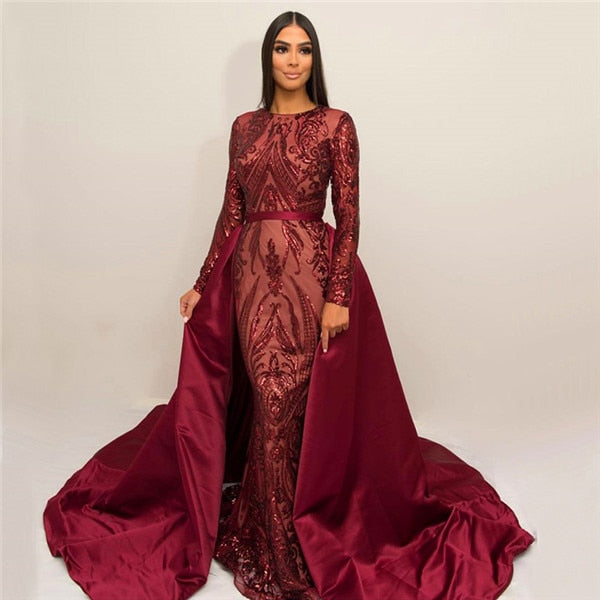 Green Long Sleeves Luxury Mermaid Evening Dress Appliques Sequined Fashion With Train Evening Gowns 2025 LA6613