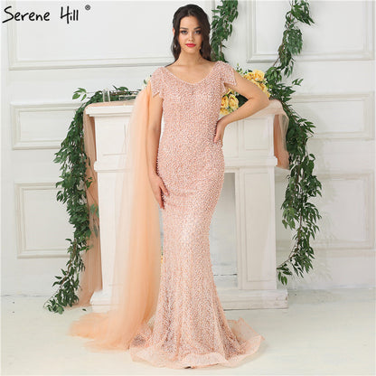 Zum Verkauf Keine Rückgabe Keine Rückerstattung Pfirsich Perle Meerjungfrau Abendkleider Abendkleider LA6642