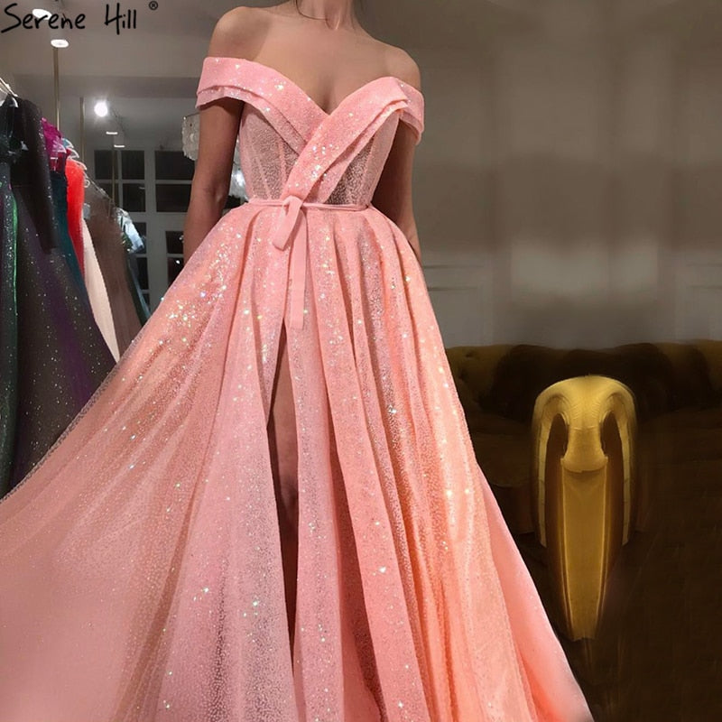 Vestidos de noche de tul brillante de lujo en rosa melocotón LA6505