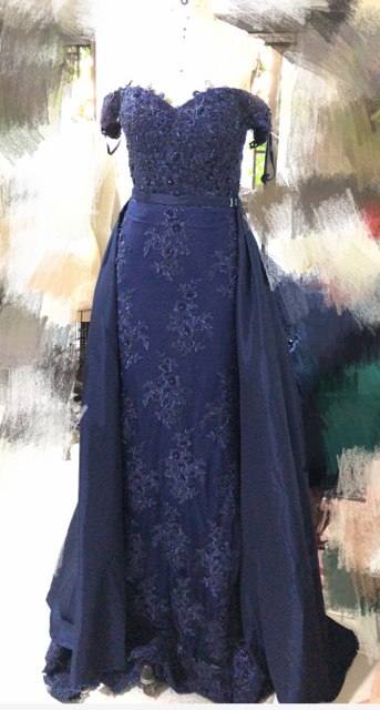 On Sale no return no refundSale Off Shoulder Navy Lace  Evening Dresses Beading Sleeveless Evening Gown LA6565