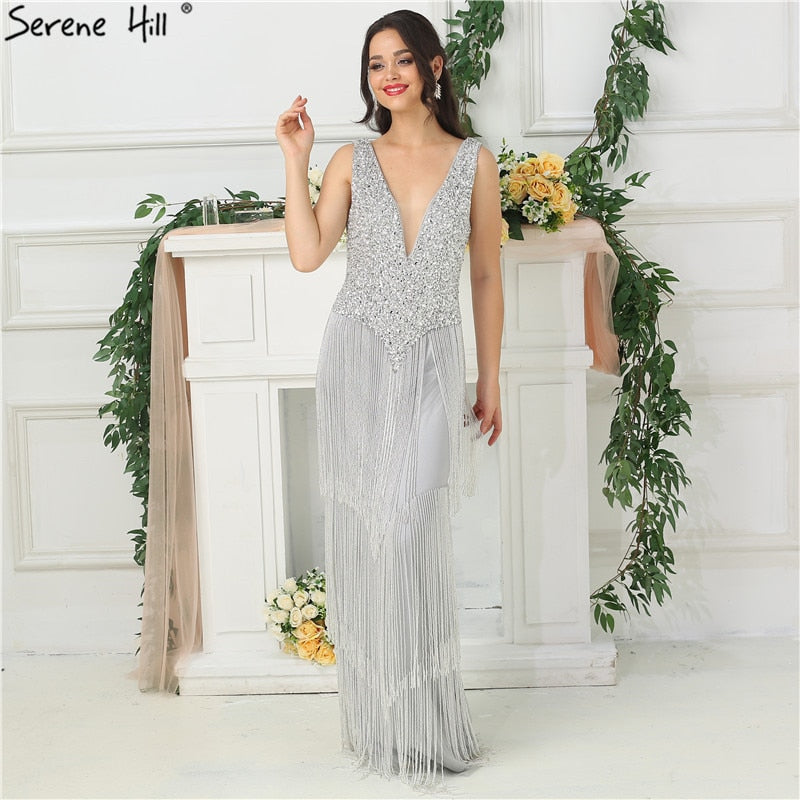 Vestido de noche sexy con escote en V profundo y lentejuelas, diseño de Dubái, plateado, LA6674