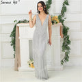 Vestido de noche sexy con escote en V profundo y lentejuelas, diseño de Dubái, plateado, LA6674