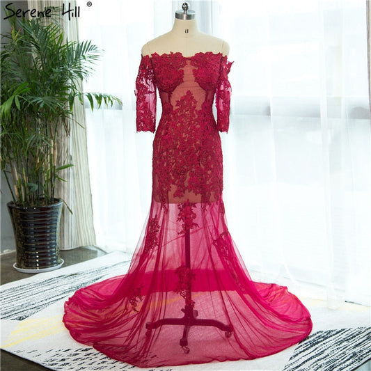 Vestido de noche de sirena sexy con hombros descubiertos y encaje de media manga (fotografía HA2139)