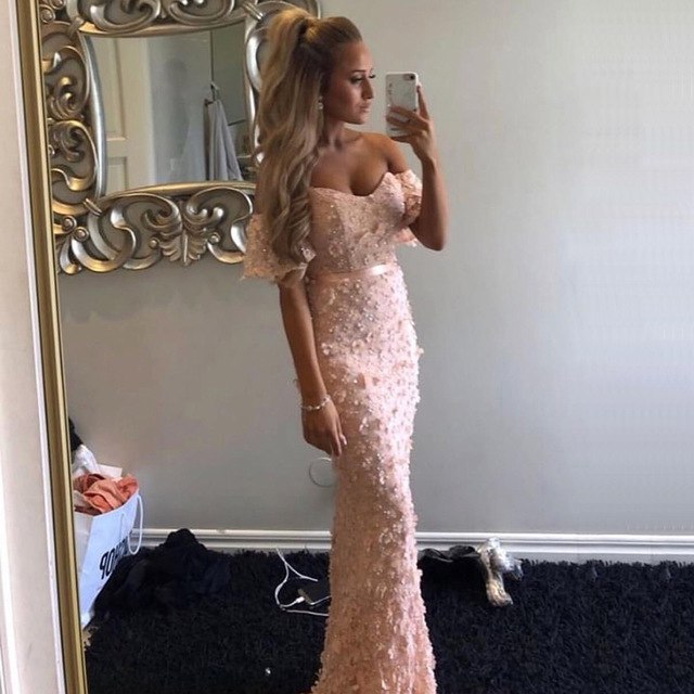 On Sale no return no refund On Sale No Return No Refund Blush Pink Mermaid Off Shoulder Evening Dresses Dubai Flowers Crystal BLA6519