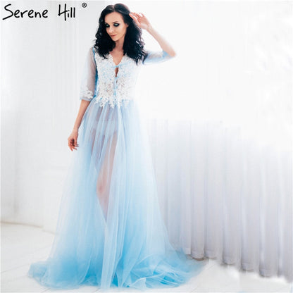 En oferta Sin devolución Sin reembolso Venta Vestido formal Manga larga Transparente Azul Vestidos de noche Talla personalizada Talla grande HA2098