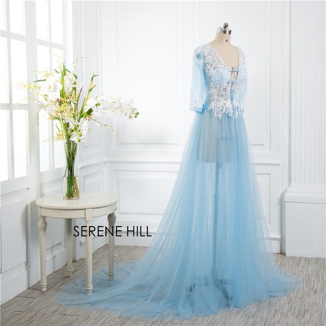 En oferta Sin devolución Sin reembolso Venta Vestido formal Manga larga Transparente Azul Vestidos de noche Talla personalizada Talla grande HA2098