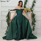 Vestidos de noche de lujo con hombros descubiertos y brillo, estilo barco con cola LA6659