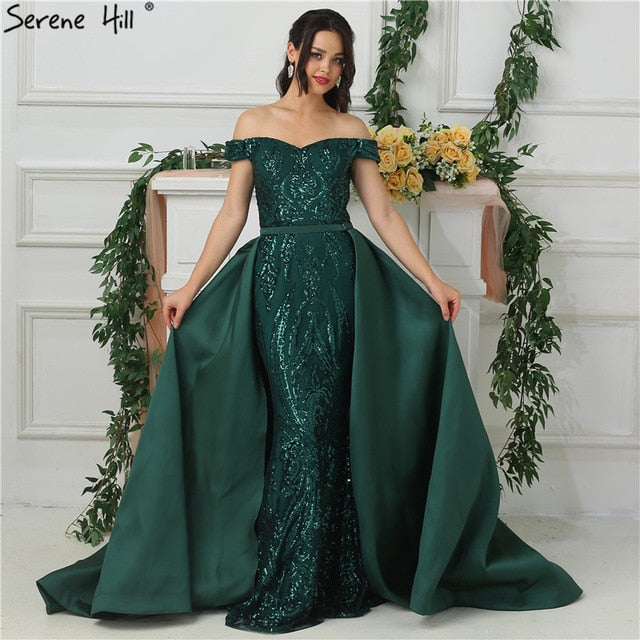 Vestidos de noche de lujo con hombros descubiertos y brillo, estilo barco con cola LA6659