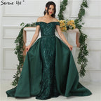 Vestidos de noche de lujo con hombros descubiertos y brillo, estilo barco con cola LA6659