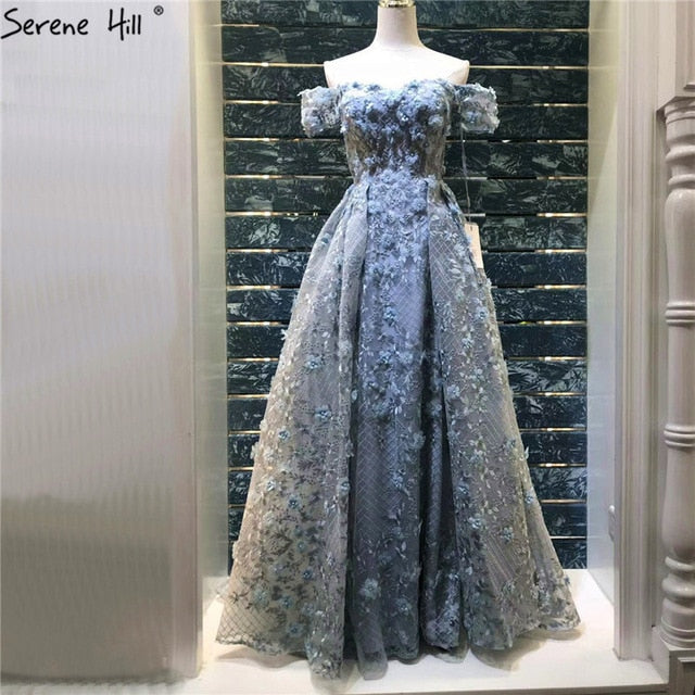 En oferta, sin devolución ni reembolso.Vestido de noche con flores y perlas hecho a mano, corte A, hombros descubiertos, LA6627