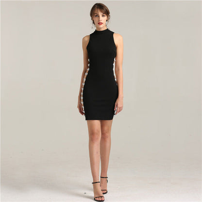 En oferta, sin devolución ni reembolso, venta, vestido de noche sencillo negro con corte de diamante, sin mangas, con cristales, LA6240