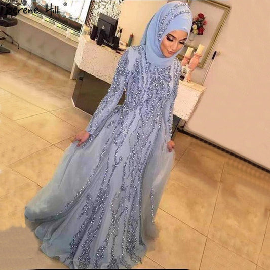 Graue Meerjungfrau Dubai Designer Abendkleider Perlen Pailletten Lange Ärmel LA6302