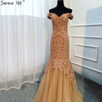 On Sale no return no refundSale Gold Mermaid Off Shoulder Beading Sleeveless Long Evening Party LA6621