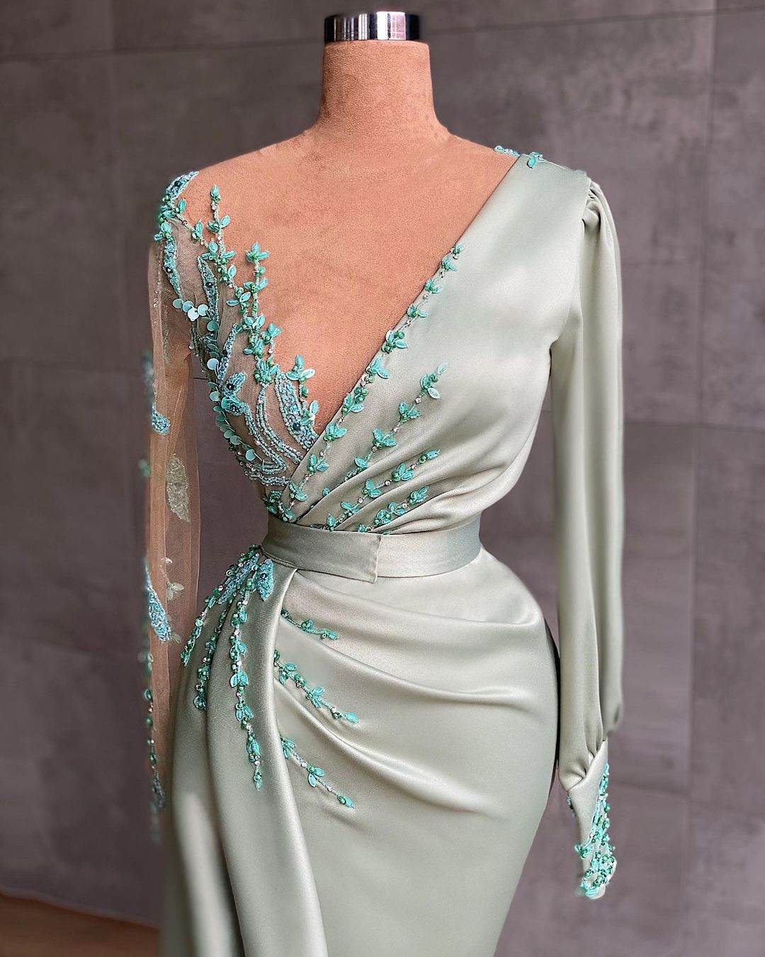 Prom dresses long mint green Evening dresses with sleeves