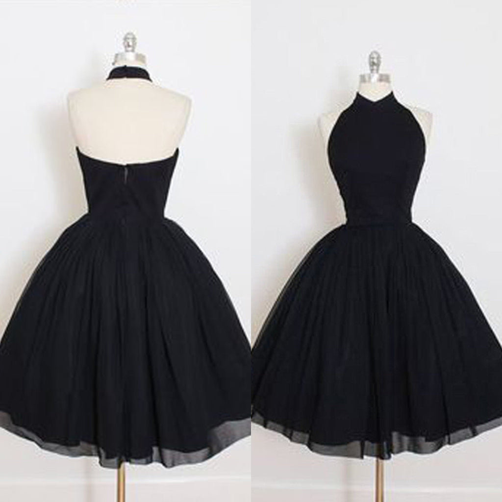 Vestido de fiesta de tul negro con cuello halter, sin mangas, corte A, a media pierna