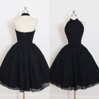 Vestido de fiesta de tul negro con cuello halter, sin mangas, corte A, a media pierna
