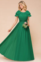 Vestido de dama de honor con mangas abullonadas y largo hasta el suelo, corte A, para invitada de boda