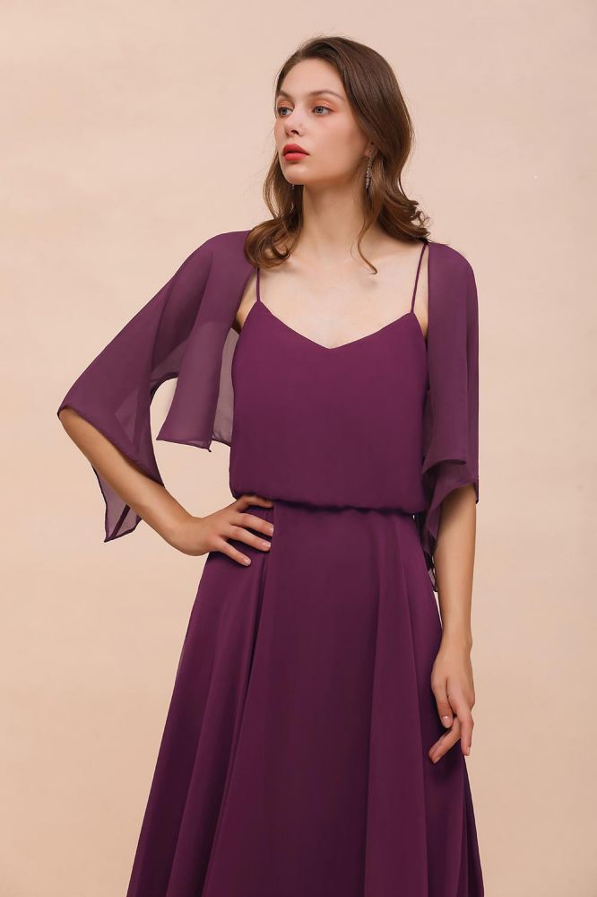 Vestido morado de dama de honor con tirantes finos, largo hasta el suelo, informal