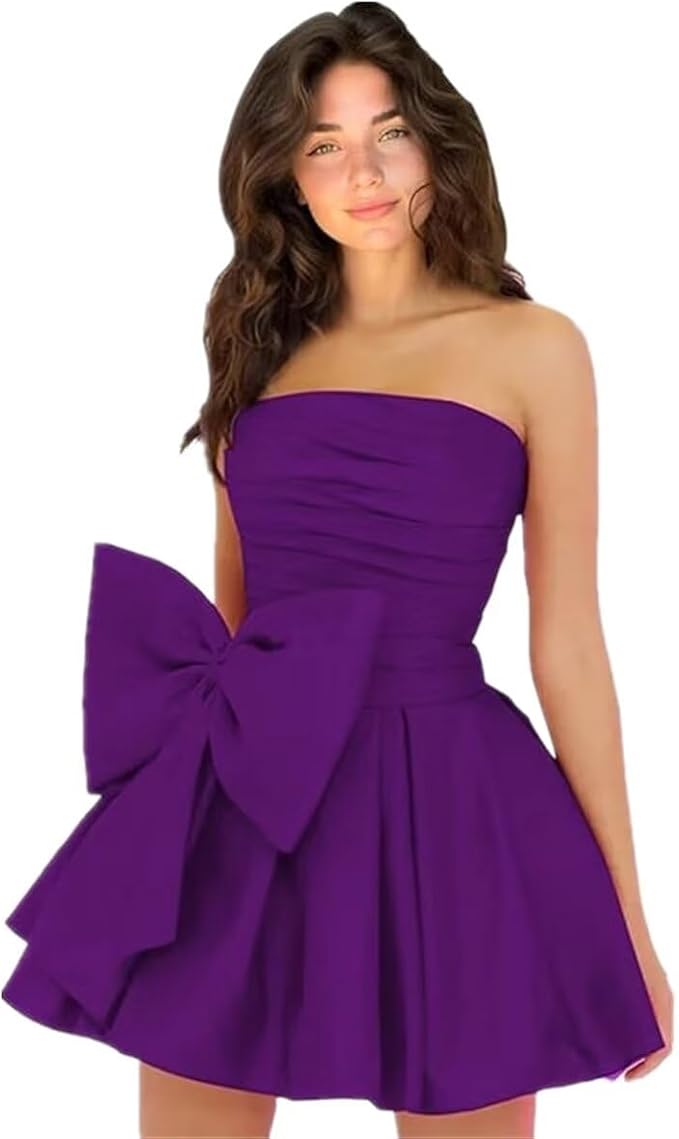 Vestidos de fiesta cortos y elegantes de corte A, sin mangas, sin tirantes, fruncidos, con cordones y lazo