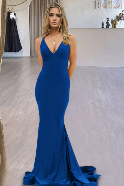 Quaylee | Yellow Mermaid V-Neck Satin Prom Dresses With Tail Evening Dress