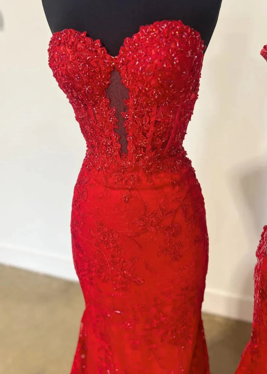Terry | Vestidos de fiesta largos de sirena con apliques de encaje y escote corazón en negro