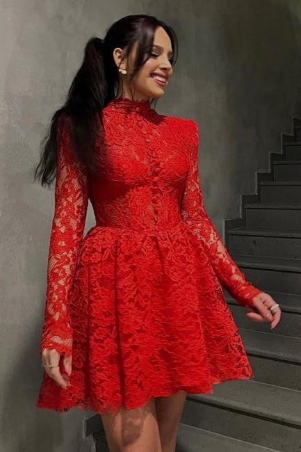 Vestido de cóctel rojo de manga larga con encaje, corte A y corto para fiesta