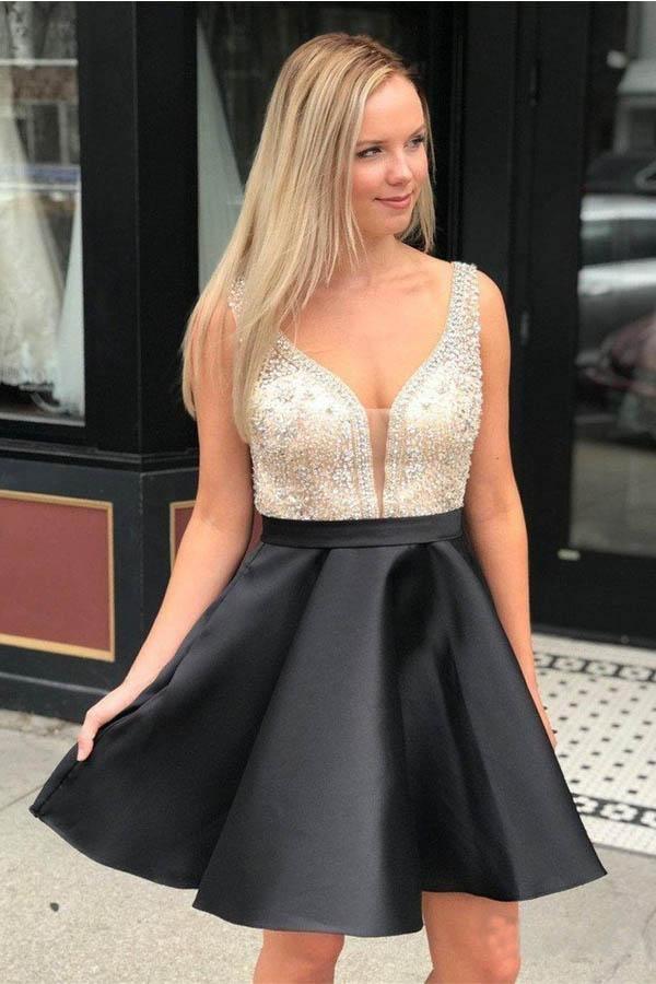 Vestidos de fiesta cortos de satén con cuentas rojas y bolsillo PD290