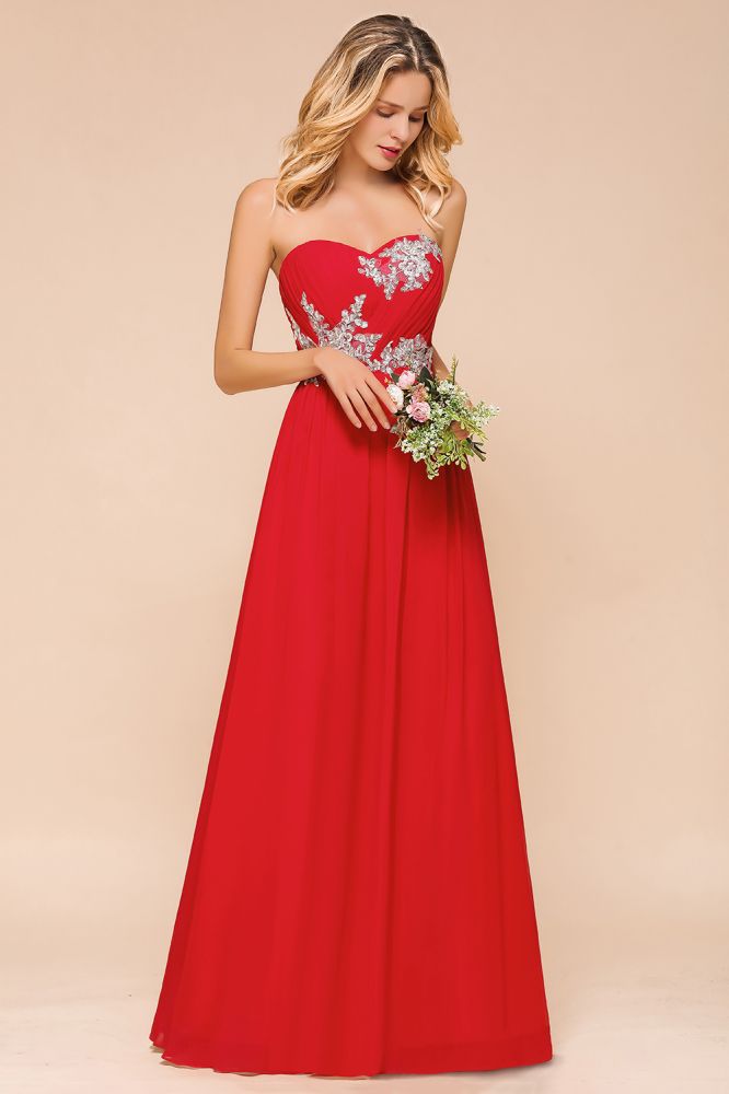 Red Charming Strapless Appliques Evening Maxi Dress Wedding Party Dress