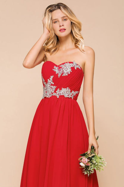 Red Charming Strapless Appliques Evening Maxi Dress Wedding Party Dress