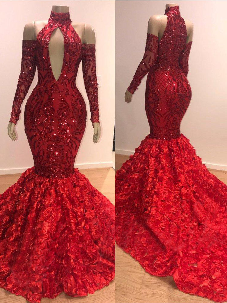 Vestidos de fiesta de manga larga con cuello alto y corte sirena con flores rojas