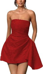 A-Linie, trägerlos, ärmellos, kurzes Heimkehrkleid, Jacquard-Satin, asymmetrisch, Partykleider mit Schnürung