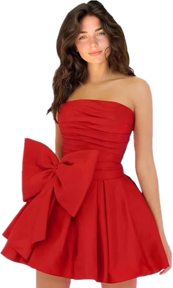 Vestidos de fiesta cortos y elegantes de corte A, sin mangas, sin tirantes, fruncidos, con cordones y lazo